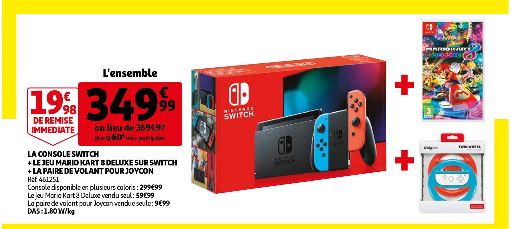 la console switch + le jeu mario kart 8 deluxe sur switch + la paire de volant pour joycon