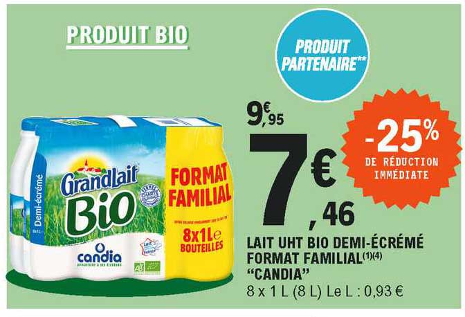 lait uht bio demi-écrémé format familial "candia"
