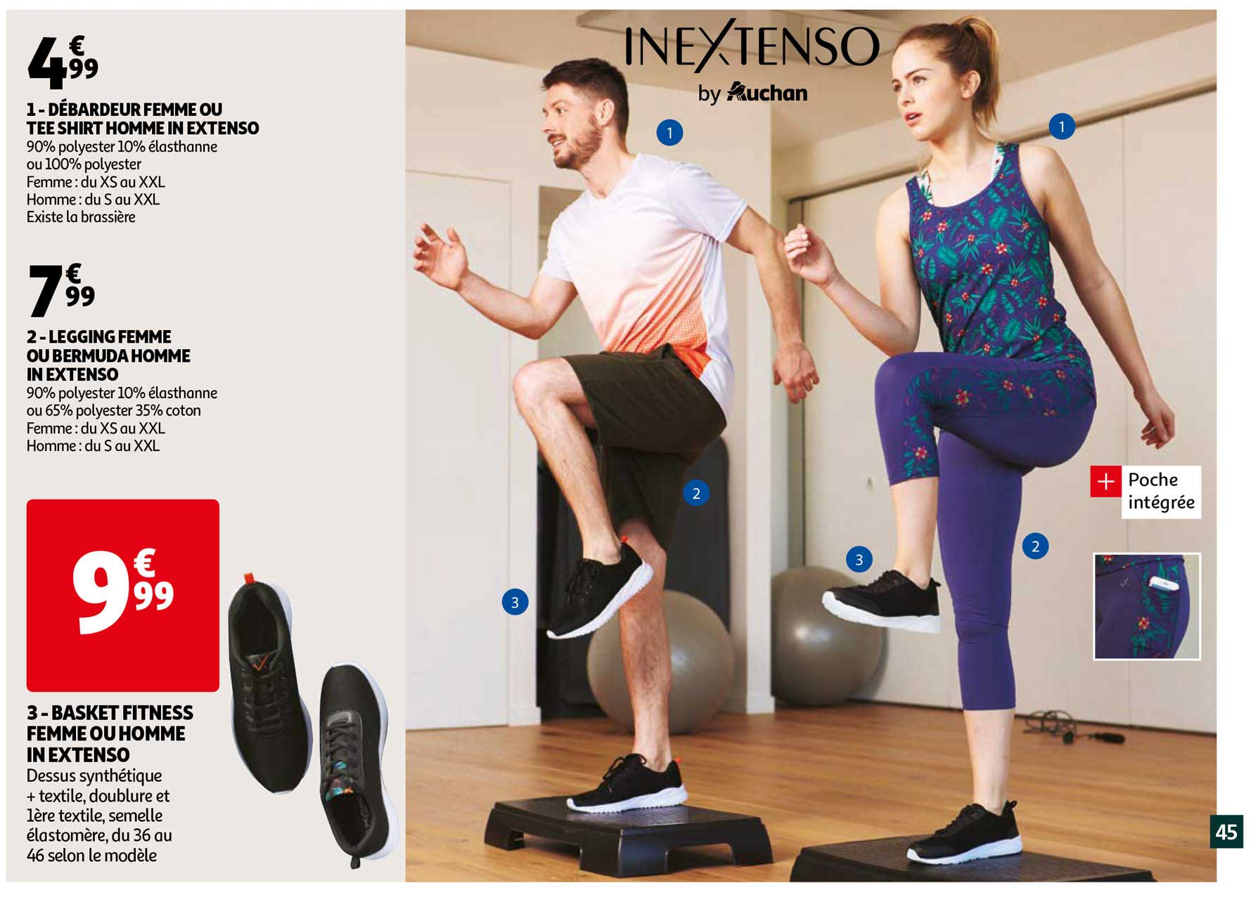 legging femme ou bermuda homme in extenso, basket fitness femme ou homme in extenso