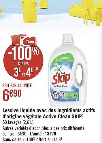 lessive liquide avec des ingrédients actifs d'origine végétale active clean skip