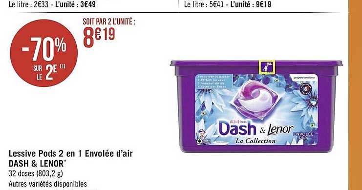 lessive pods 2 en 1 envolée d'air dash & lenor
