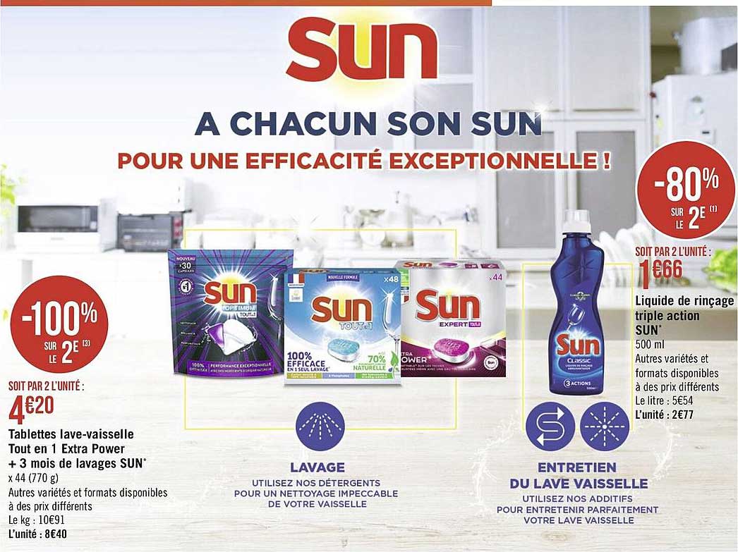 liquide de rinçage triple action sun, tablettes lave-vaisselle tout en 1 extra power + 3 mois de lavages sun