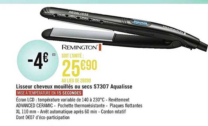 lisseur cheveux mouillés ou secs s7307 aqualisse remington