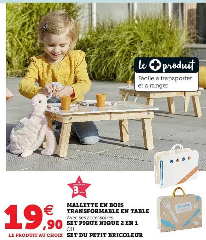 mallette en bois transformable en table, set pique nique 2 en 1 ou set du petit bricoleur