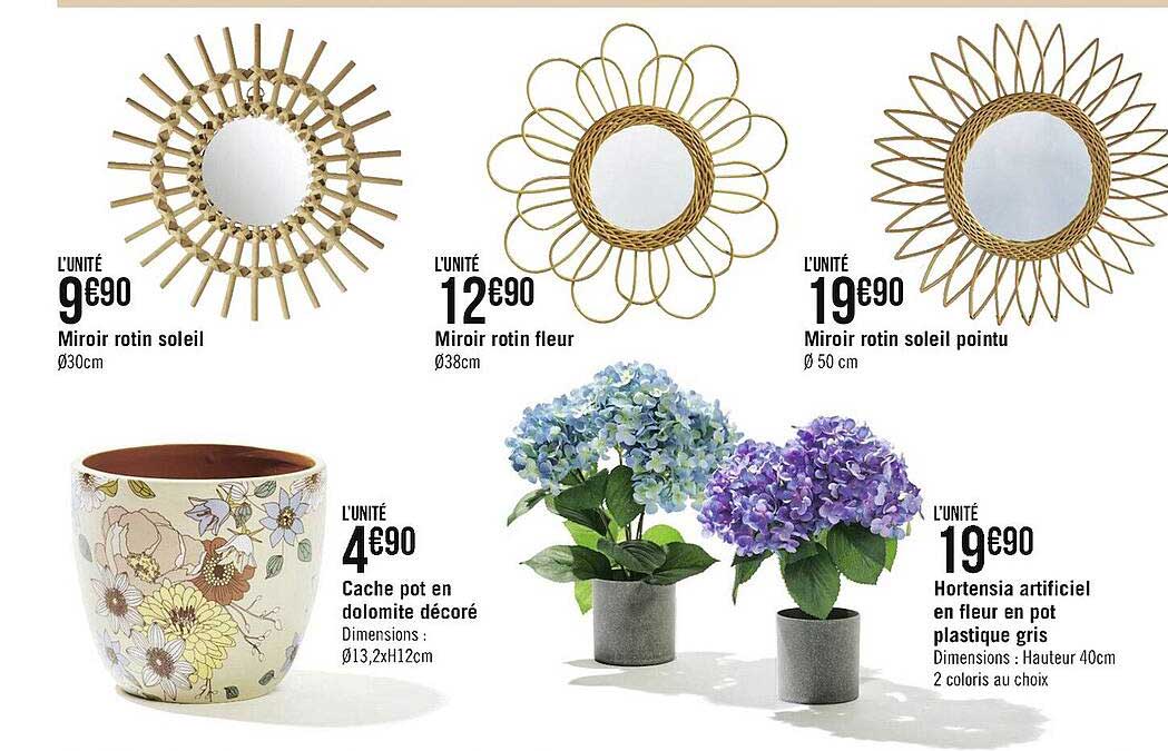 Miroir Rotin Soleil, Miroir Rotin Fleur, Miroir Rotin Soleil Pointu, Cache Pot En Dolomite Décoré, Hortensia Artificiel En Fleur En Pot Plastique Gris
