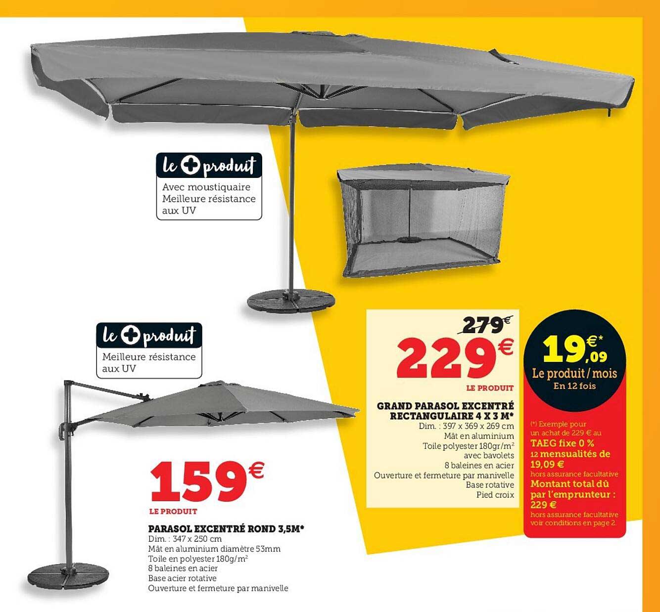 parasol excentré rond 3,5m, grand parasol excentré rectangulaire 4 x 3 m