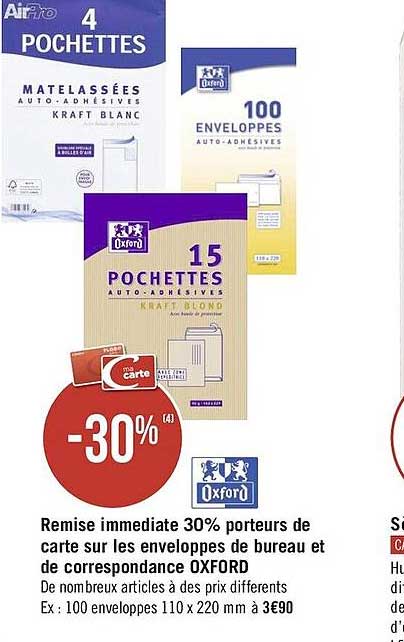 remise immediate 30% porteurs de carte sur les enveloppes de bureau et de correspondance oxford