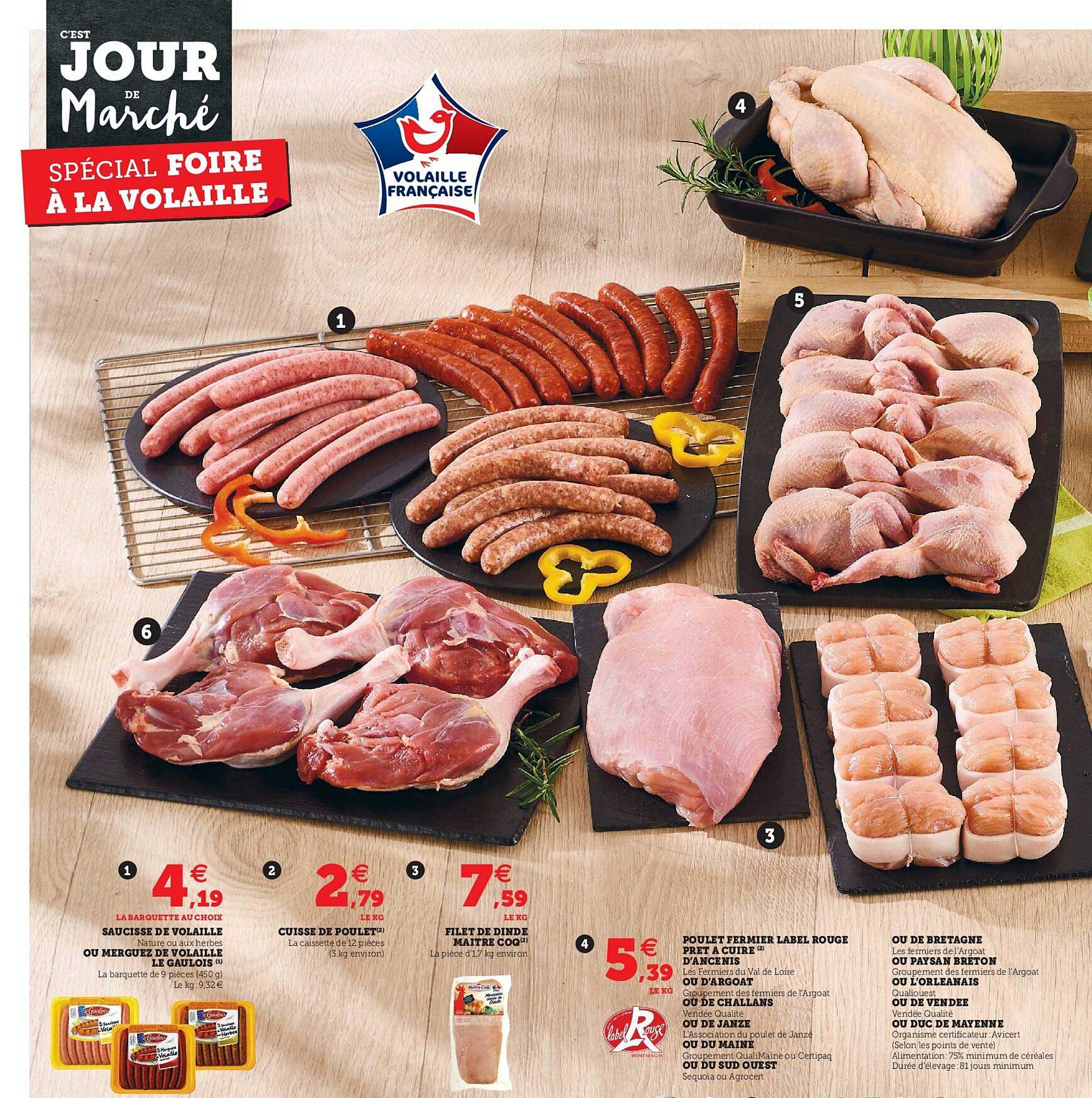 saucisse de volaille ou merguez de volaille le gaulois, cuisse de poulet, filet de dinde maître coq, poulet fermier label rouge