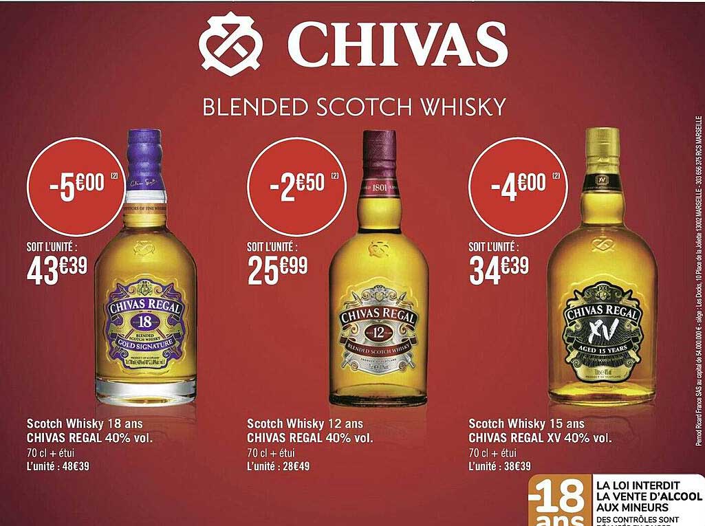 scotch whisky 18 ans chivas regal 40% vol., scotch whisky 12 ans chivas regal 40% vol., scotch whisky 15 ans chivas regal xv 40% vol.