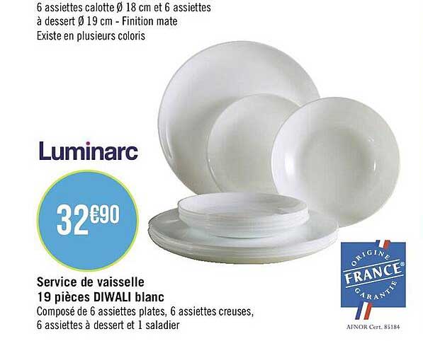 Service De Vaisselle 19 Pièces Diwali Blanc Luminarc