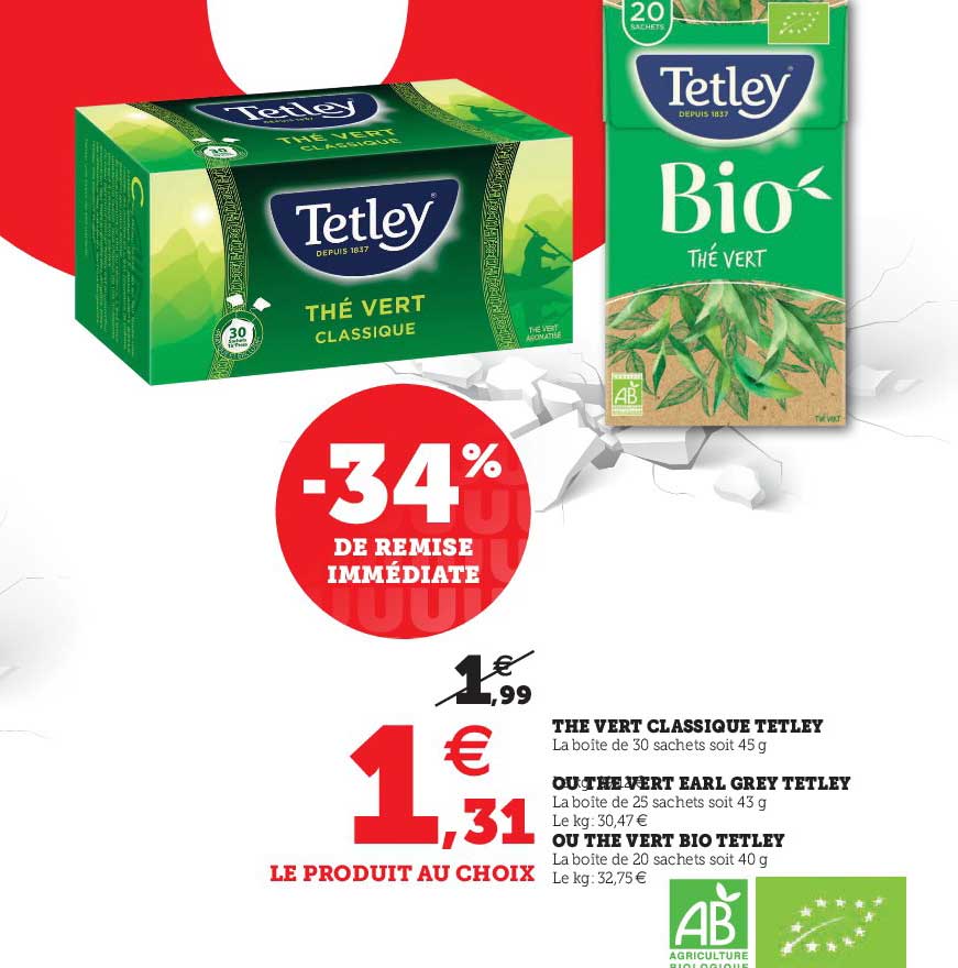 thé vert classique tetley, ou thé vert earl grey tetley, ou thé vert bio tetley