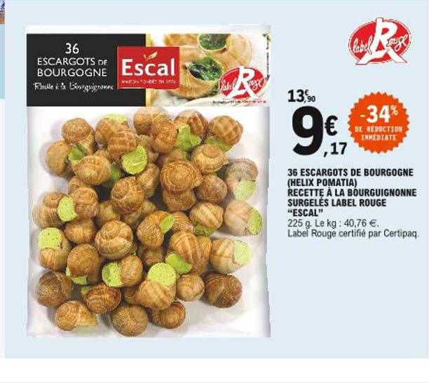 36 escargots de bourgogne (helix pomatia) recette à la bourguignonne surgelés label rouge "escal"