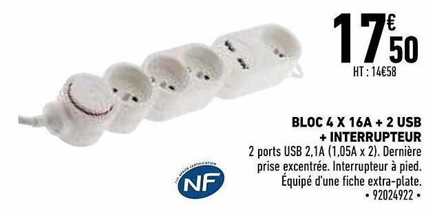 bloc 4 x 16a + 2 usb + interrupteur