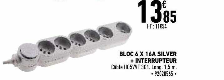 bloc 6 x 16a silver + interrupteur