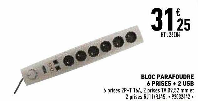 bloc parafoudre 6 prises + 2 usb
