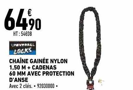 Chaîne Gainée Nylon 1,50 M + Cadenas 60 Mm Avec Protection D'anse Universel Locks