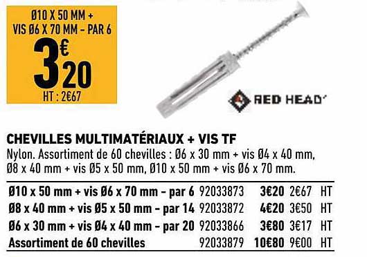 chevilles multimatériaux + vis tf red head