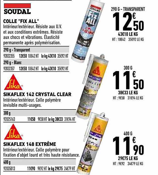 colle "fix all" soudal, sikaflex 142 crystal clear, sikaflex 148 extrême