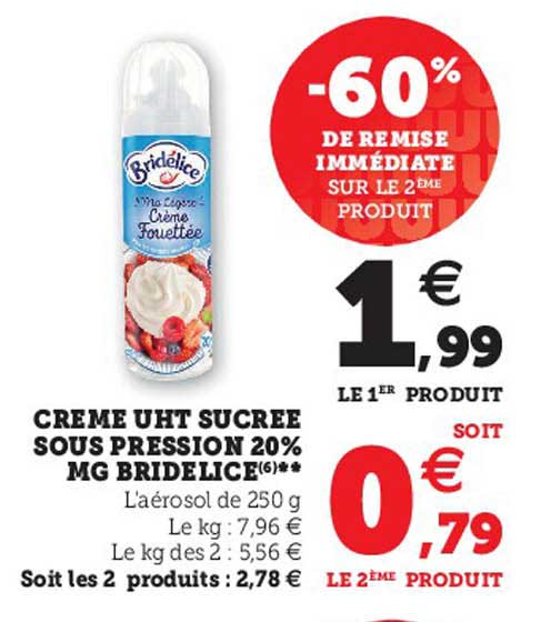 crème uht sucrée sous pression 20% mg bridélice