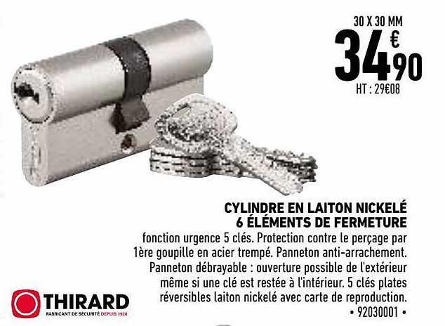 cylindre en laiton nickelé 6 éléments de fermeture thirard