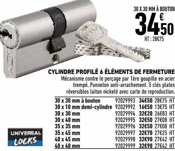 cylindre profilé 6 éléments de fermeture