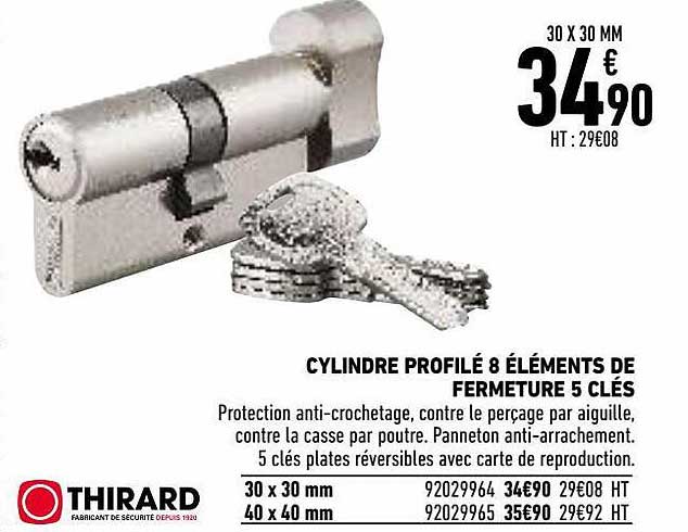 cylindre profilé 8 éléments de fermeture 5 clés thirard