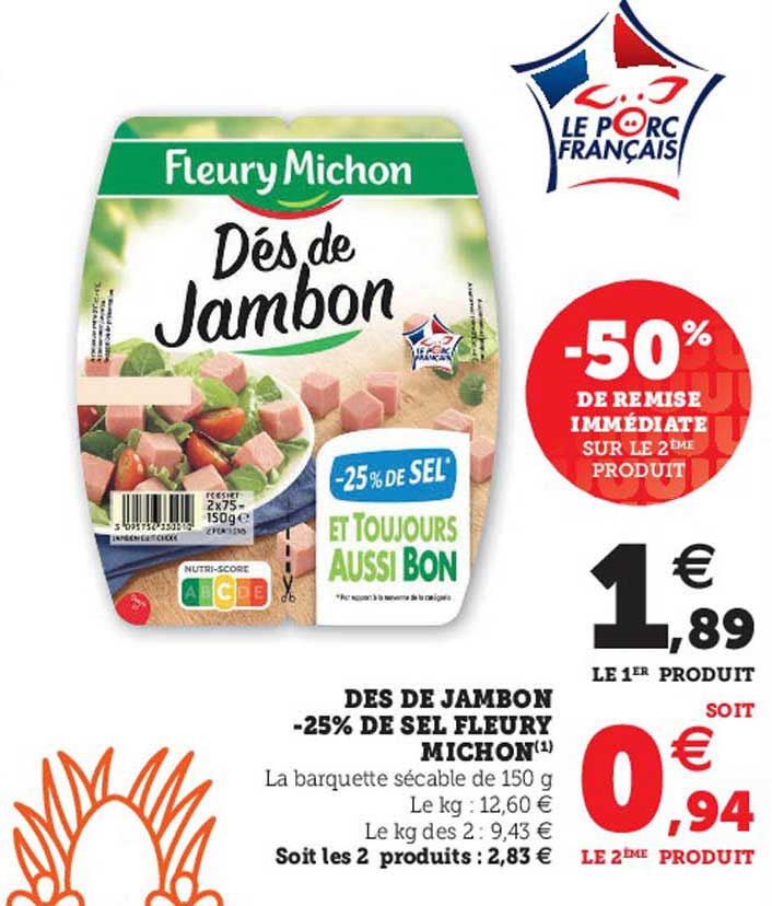 dés de jambon -25% de sel fleury michon