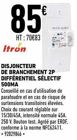 disjoncteur de branchement 2p différentiel sélectif 500ma