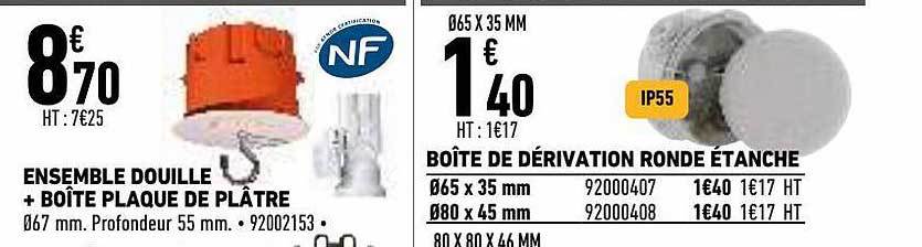 ensemble douille + boîte plaque de plâtre, boîte de dérivation ronde étanche
