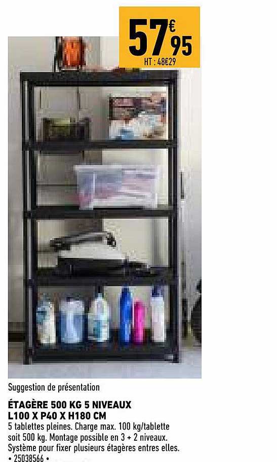 étagère 500 kg 5 niveaux l100 x p40 x h180 cm