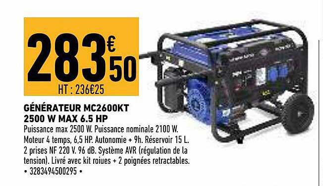 générateur mc2600kt 2500 w max 6.5 hp