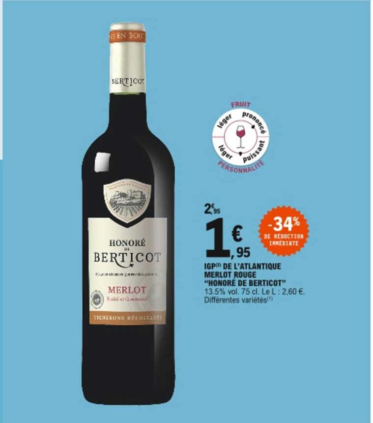 Igp De L'atlantique Merlot Rouge "honoré De Berticot"
