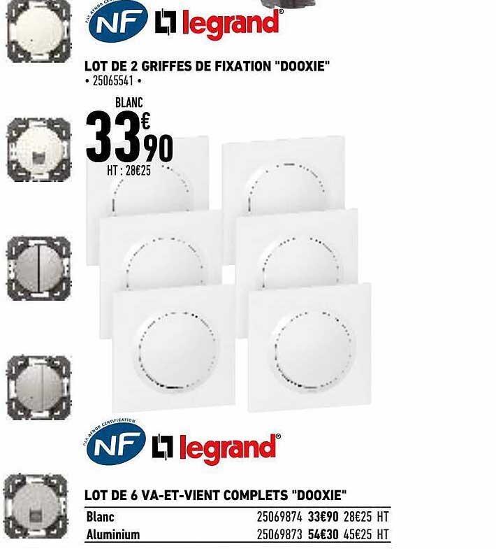 lot de 2 griffes de fixation "dooxie" legrand, lot de 6 va-et-vient complets "dooxie" legrand