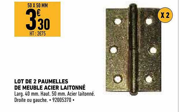 lot de 2 paumelles de meuble acier laitonné