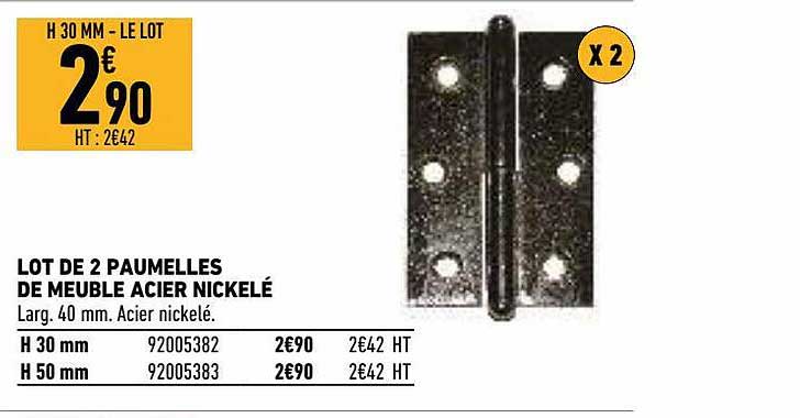 lot de 2 paumelles de meuble acier nickelé