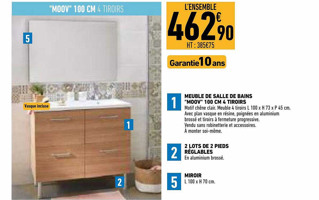 Meuble De Salle De Bains "moov" 100 Cm 4 Tiroirs, 2 Lots De 2 Pieds Réglables, Miroir