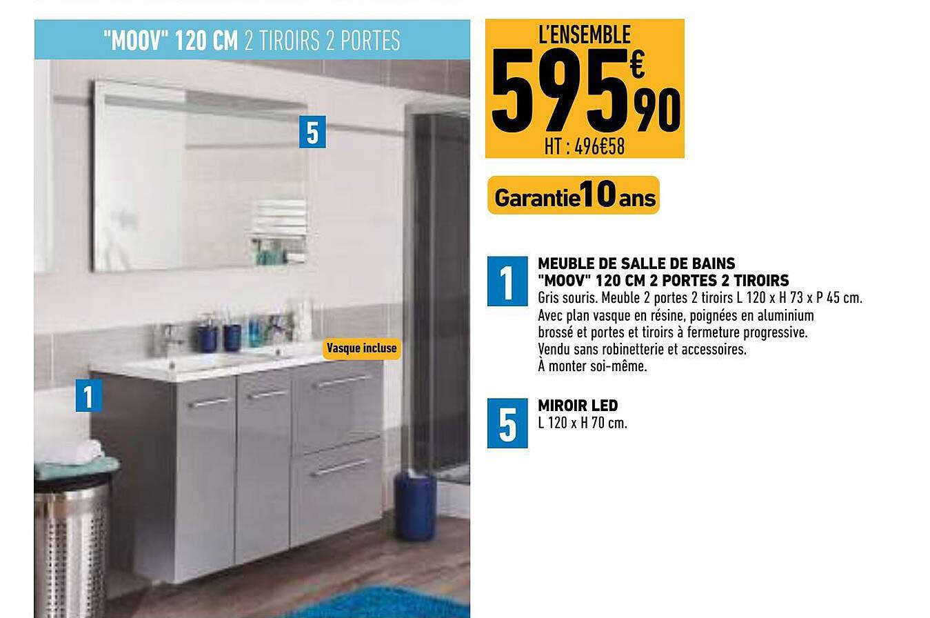 Meuble De Salle De Bains "moov"  120 Cm 2 Portes 2 Tirois, Miroir Led