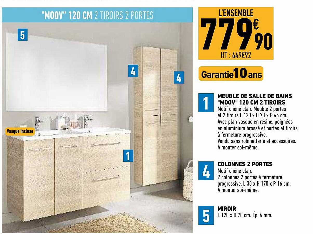 meuble de salle de bains "moov" 120 cm 2 tiroirs, colonnes 2 portes, miroir