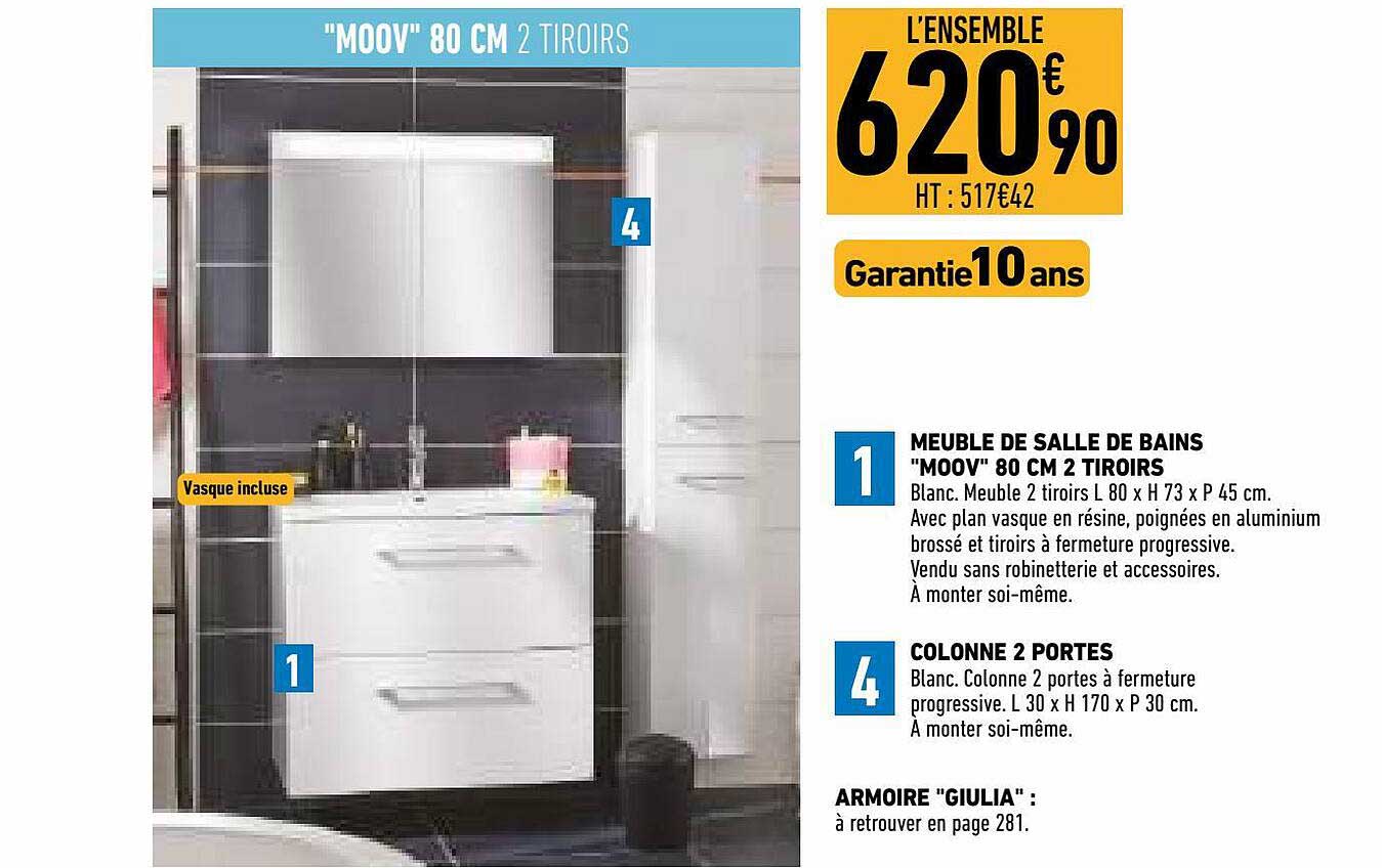 meuble de salle de bains "moov" 80 cm 2 tiroirs, colonne 2 portes, armoire "giulia"