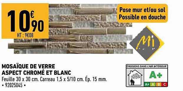 mosaïque de verre aspect chromé et blanc