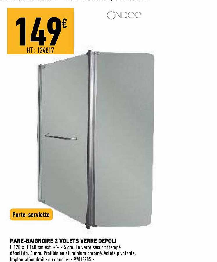 pare-baignoire 2 volets verre dépoli