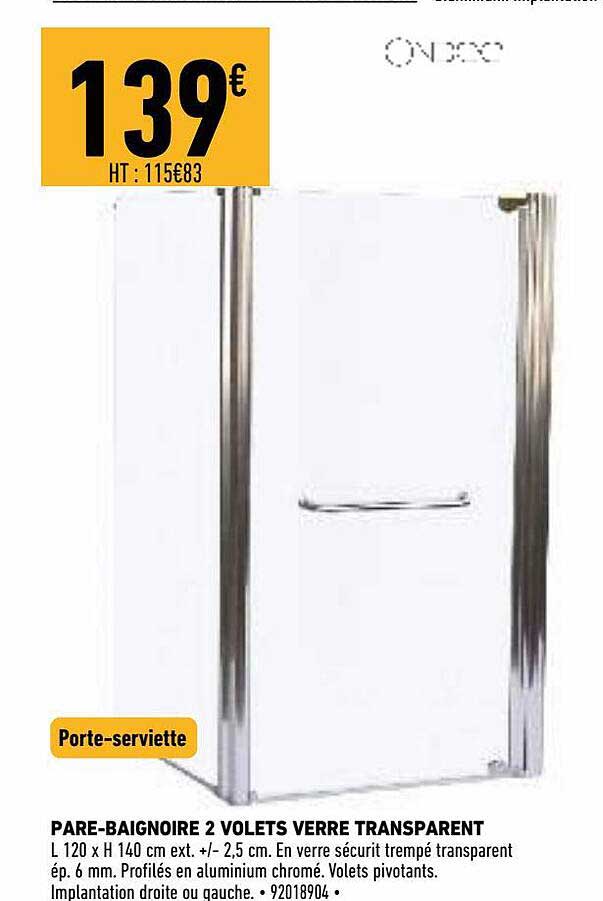 pare-baignoire 2 volets verre transparent