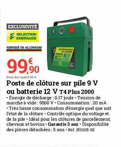 poste de clôture sur pile 9 v ou batterie 12 v t4 plus2000