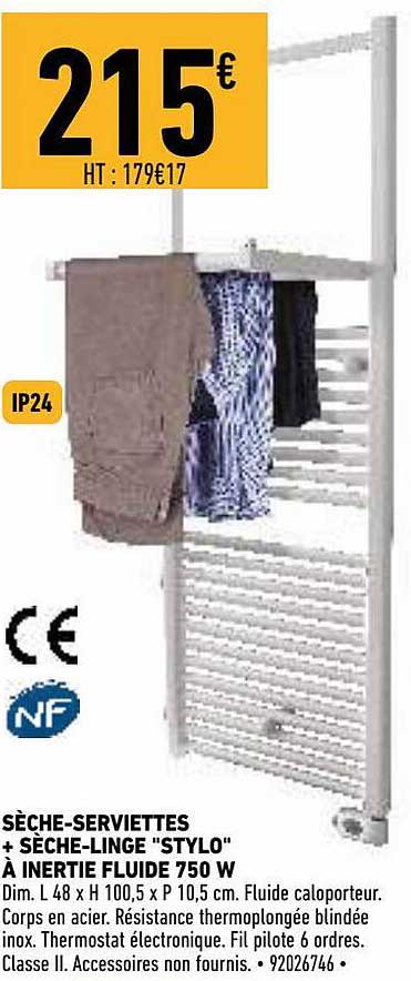 sèche-serviettes + sèche-linge "stylo" à inertie fluide 750 w