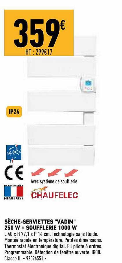 sèche-serviettes "vadim" 250 w + soufflerie 1000 w