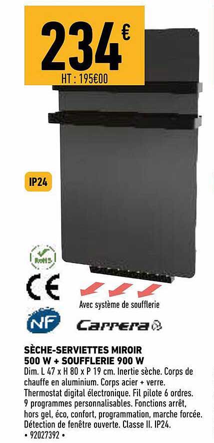 sèche-serviettes miroir 500 w + soufflerie 900 w carrera