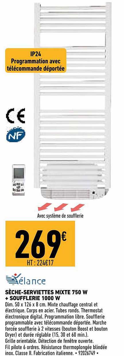 sèche-serviettes mixte 750 w + soufflerie 1000 w xélance