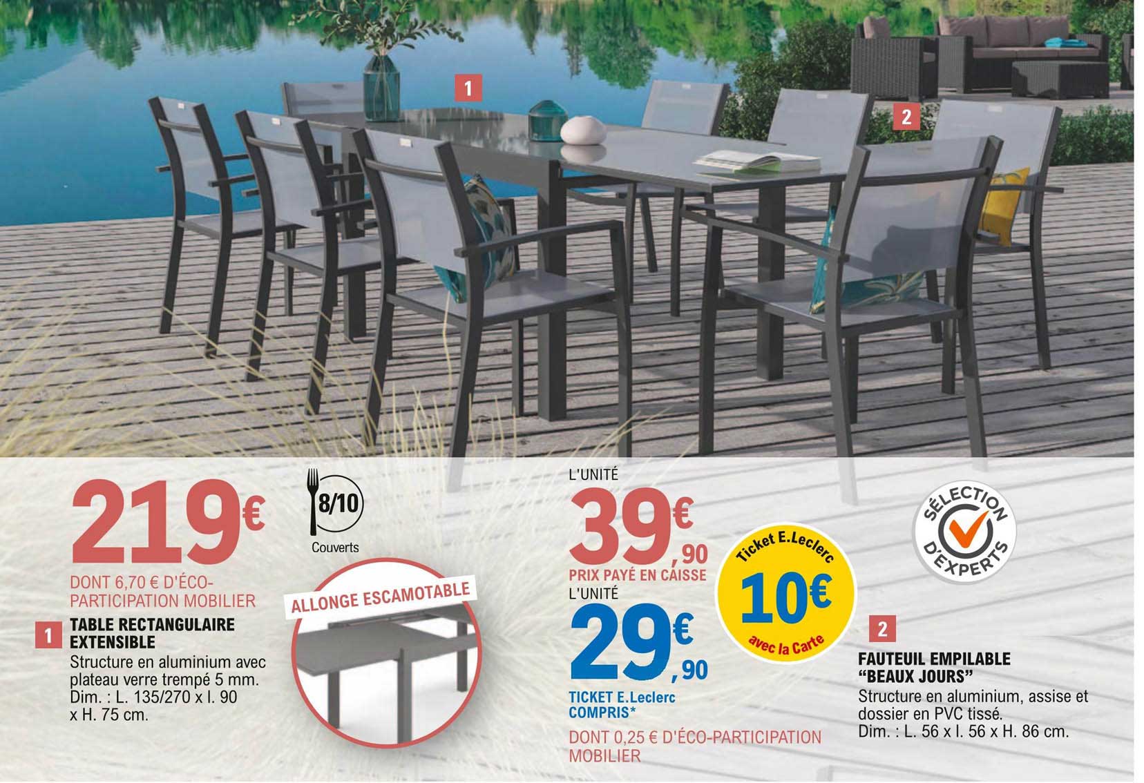 table rectangulaire extensible, fauteuil empilable "beaux jours"