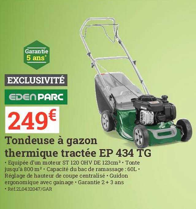 tondeuse à gazon thermique tractée ep 434 tg edenparc