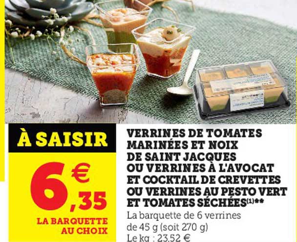 verrines de tomates marinées et noix de saint jacques ou verrines à l'avocat et cocktail de crevettes ou verrines au pesto vert et tomates séchées